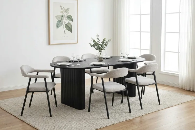 Noira Matgrupp 180 cm rektangulärt i Svart med 6 Ronja Matstolar - Beige/Svart - Möbler - Bord & matgrupper - Matgrupper