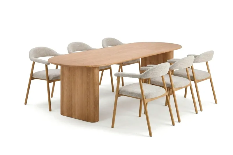 Noira Matgrupp 220-320 cm förlängningsbart i Ek med 6 Ronja Matstolar, Ek