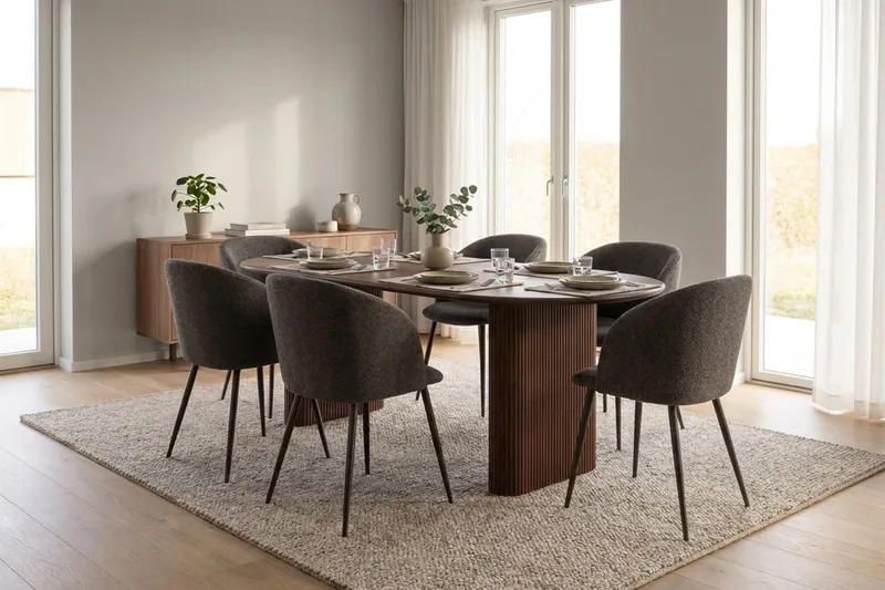 Noira Matgrupp 220-320 cm förlängningsbart med 6 Greya Mastolar - Valnöt - Möbler - Bord & matgrupper - Matgrupper
