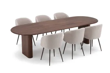 Noira Matgrupp 220-320 cm förlängningsbart med 6 Greya Mastolar - Valnöt - Möbler - Bord & matgrupper - Matgrupper