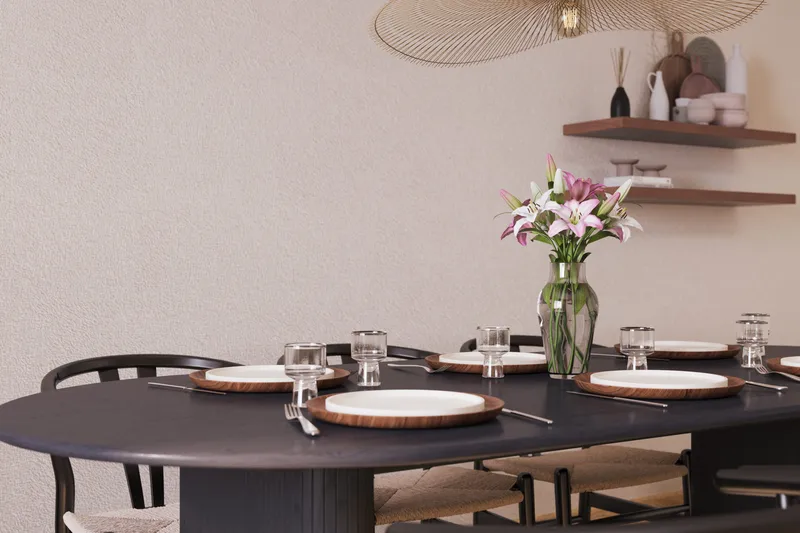 Noira Matgrupp 220 cm Massiv Ek med 6 Dastoori Matstol - 2220067-6,2206123-1 - Svart - Möbler - Bord & matgrupper - Matgrupper