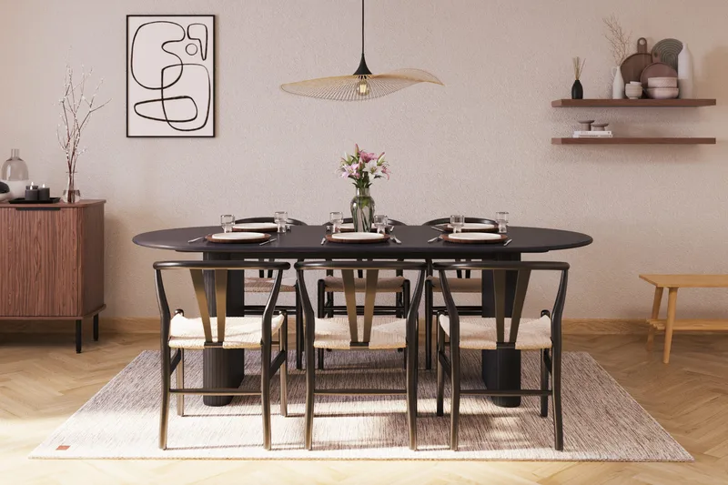 Noira Matgrupp 220 cm Massiv Ek med 6 Dastoori Matstol - 2220067-6,2206123-1 - Svart - Möbler - Bord & matgrupper - Matgrupper