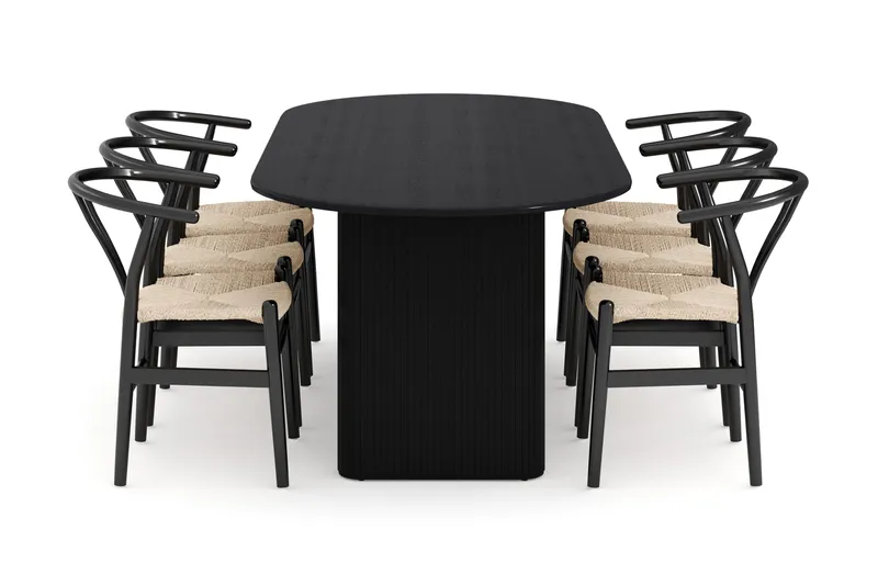 Noira Matgrupp 220 cm Massiv Ek med 6 Dastoori Matstol - 2220067-6,2206123-1 - Svart - Möbler - Bord & matgrupper - Matgrupper