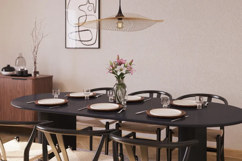 Noira Matgrupp 220 cm Massiv Ek med 6 Dastoori Matstol - 2220067-6,2206123-1 - Svart - Möbler - Bord & matgrupper - Matgrupper