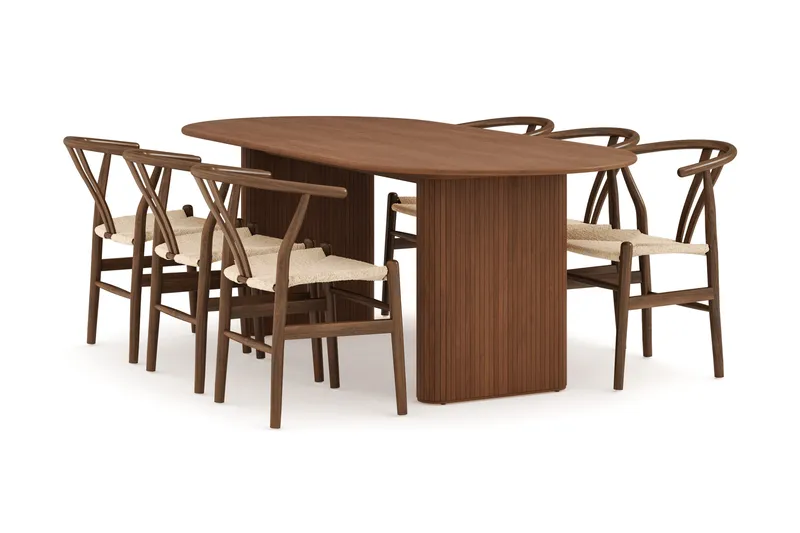 Noira Matgrupp 220 cm Massiv Valnöt med 6 Dastoori Matstol - 2220070-6,2098431-1, Ribbad / Natur / Mörkbrun / Brunt Trä