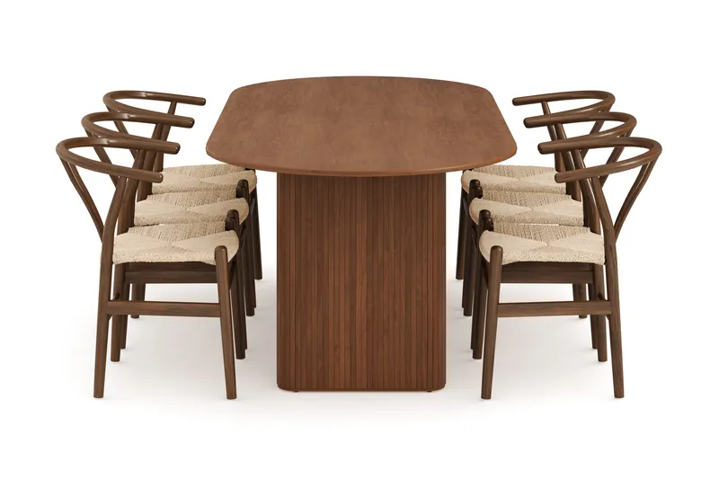 Noira Matgrupp 220 cm Massiv Valnöt med 6 Dastoori Matstol - 2220070-6,2098431-1 - Ribbad / Natur / Mörkbrun / Brunt Trä - Möbler - Bord & matgrupper - Matgrupper