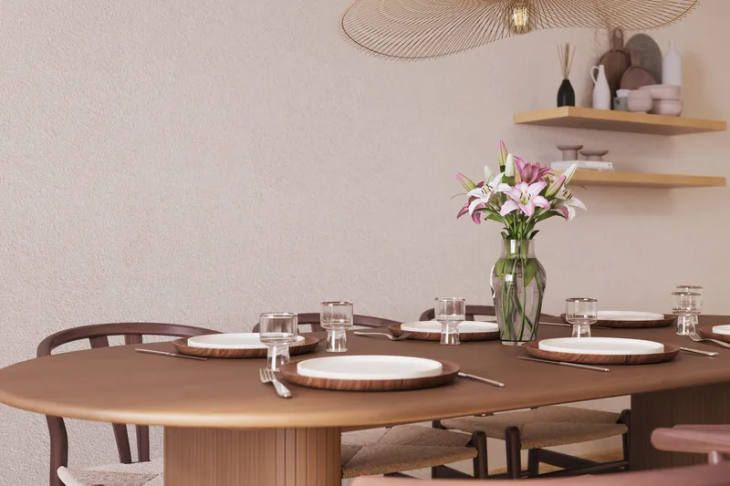 Noira Matgrupp 220 cm Massiv Valnöt med 6 Dastoori Matstol - 2220070-6,2098431-1 - Ribbad / Natur / Mörkbrun / Brunt Trä - Möbler - Bord & matgrupper - Matgrupper