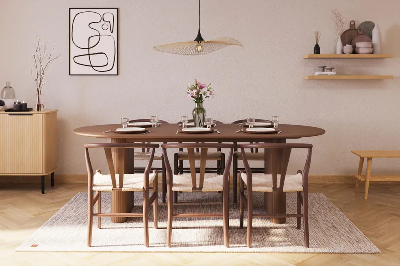 Noira Matgrupp 220 cm Massiv Valnöt med 6 Dastoori Matstol - 2220070-6,2098431-1 - Ribbad / Natur / Mörkbrun / Brunt Trä - Möbler - Bord & matgrupper - Matgrupper