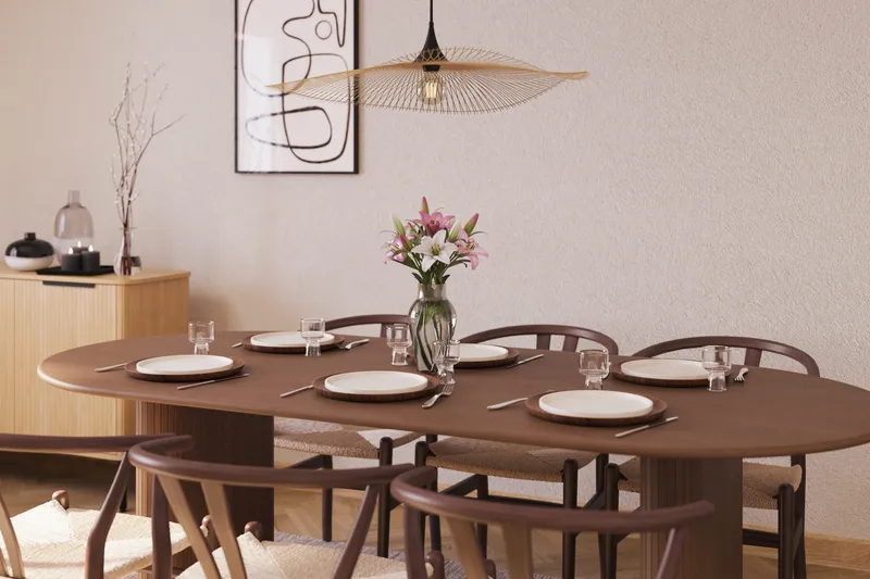 Noira Matgrupp 220 cm Massiv Valnöt med 6 Dastoori Matstolar - Ribbad / Natur / Mörkbrun / Brunt Trä - Möbler - Bord & matgrupper - Matgrupper