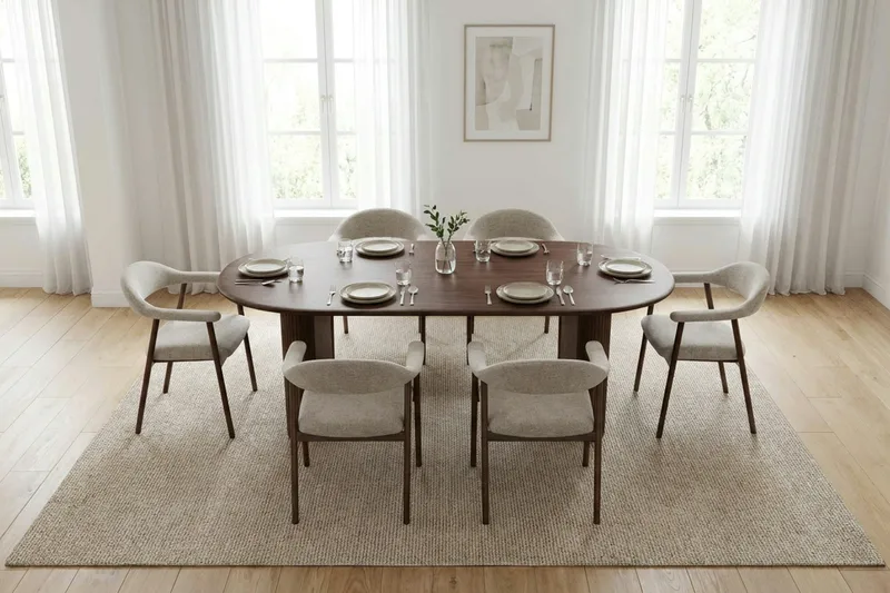 Noira Matgrupp 220 cm rektangulärt i Valnöt med 6 Ronja Matstolar - Sand/Valnöt - Möbler - Bord & matgrupper - Matgrupper