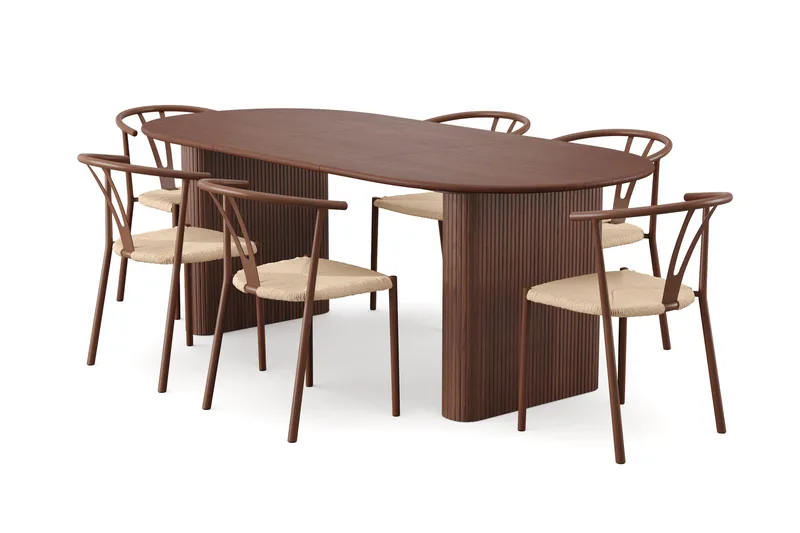 Noira Matgrupp förlängningsbart 160-220 cm Valnöt med 6 Elysia Matstolar, Valnöt