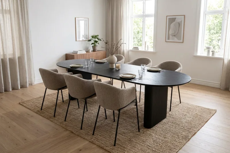 Noira Matgrupp förlängningsbart 220-320 cm med 6 Filip Matstolar - Svartlaserad ek - Möbler - Bord & matgrupper - Matgrupper