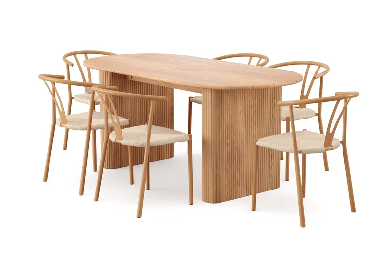Noira Matgrupp rektangulärt 180 cm Ek med 6 Elysia Matstolar, Ek