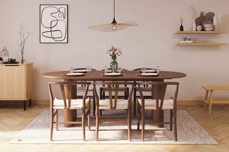Noira Oval Matgrupp 220 cm Valnöt med 6 Dastoori Matstolar - Ribbad / Natur / Mörkbrun / Brunt Trä - Möbler - Bord & matgrupper - Matgrupper