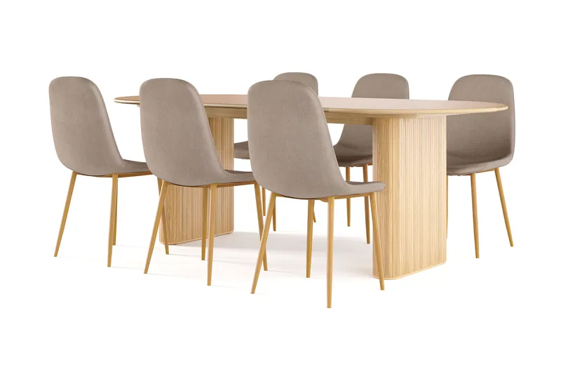 Noira Ovalt Matbord 220 cm EK +  6 st Nibe stol brun med ek ben, Natur/Brun