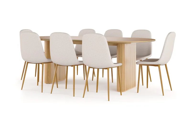 Noira Ovalt Matbord 220 cm EK +  8 st Nibe stol beige med ek ben - Natur/Beige - Möbler - Bord & matgrupper - Matgrupper