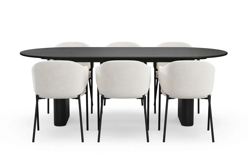 Noira Ovalt Matbord 220 cm med 6 Filip Matstolar - Svart / Vit Bouclé - Möbler - Bord & matgrupper - Matgrupper