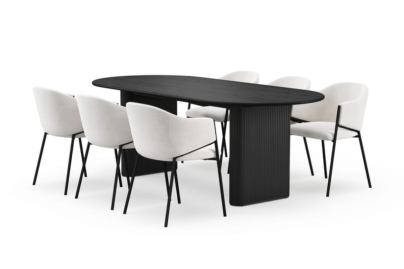 Noira Ovalt Matbord 220 cm med 6 Filip Matstolar, Svart / Vit Bouclé