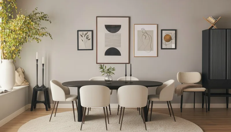 Noira Ovalt Matbord 220 cm med 6 Greya Matstolar med armstöd - Svart / Vit Bouclé / Metallben Valnöt - Möbler - Bord & matgrupper - Matgrupper