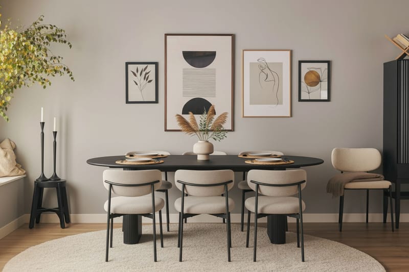 Noira Ovalt Matbord 220 cm med 6 Lucy Matstolar - Svart / Greige Bouclé / Metallben Svart - Möbler - Bord & matgrupper - Matgrupper