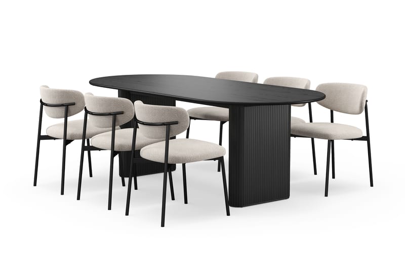 Noira Ovalt Matbord 220 cm med 6 Lucy Matstolar, Svart / Greige Bouclé / Metallben Svart