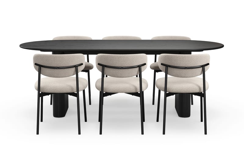 Noira Ovalt Matbord 220 cm med 6 Lucy Matstolar - Svart / Greige Bouclé / Metallben Svart - Möbler - Bord & matgrupper - Matgrupper