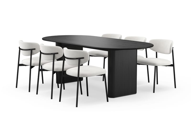Noira Ovalt Matbord 220 cm med 6 Lucy Matstolar, Svart / Vit Bouclé / Metallben Svart