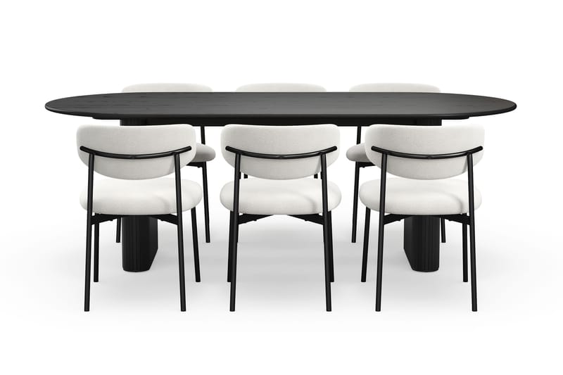 Noira Ovalt Matbord 220 cm med 6 Lucy Matstolar - Svart / Vit Bouclé / Metallben Svart - Möbler - Bord & matgrupper - Matgrupper