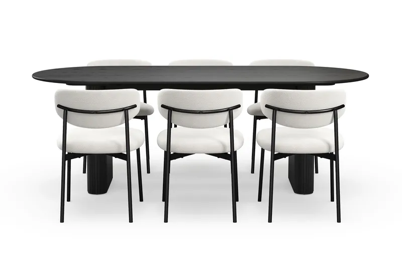 Noira Ovalt Matbord 220 cm med 6 Lucy Matstolar - Svart / Vit Bouclé / Metallben Svart - Möbler - Bord & matgrupper - Matgrupper