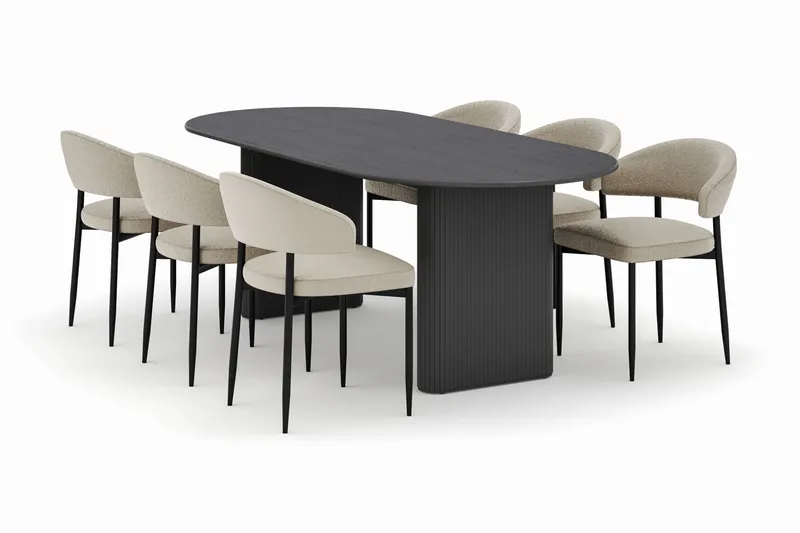 Noira Ovalt Matbord 220 cm med 6 Sawako Stolar, Svart