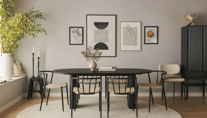 Noira Ovalt Matbord 220 cm med 6 Winston Matstolar - Svart / Beige / Metallben Svart - Möbler - Bord & matgrupper - Matgrupper