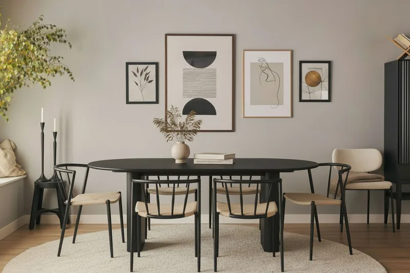 Noira Ovalt Matbord 220 cm med 6 Winston Matstolar - Svart / Beige / Metallben Svart - Möbler - Bord & matgrupper - Matgrupper