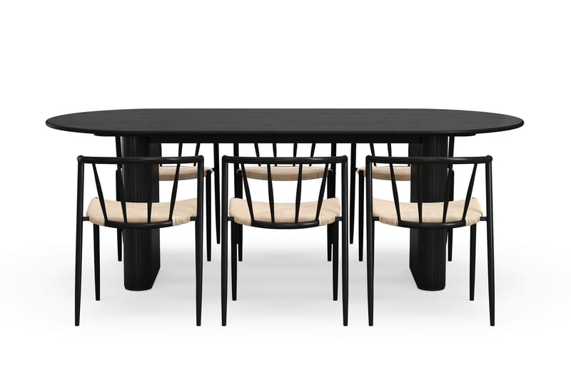 Noira Ovalt Matbord 220 cm med 6 Winston Matstolar - Svart / Beige / Metallben Svart - Möbler - Bord & matgrupper - Matgrupper