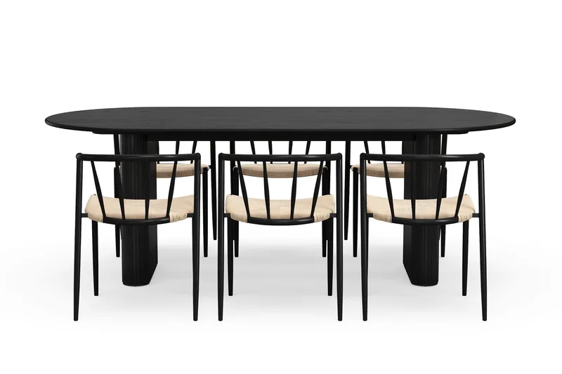 Noira Ovalt Matbord 220 cm med 6 Winston Matstolar - Svart / Beige / Metallben Svart - Möbler - Bord & matgrupper - Matgrupper