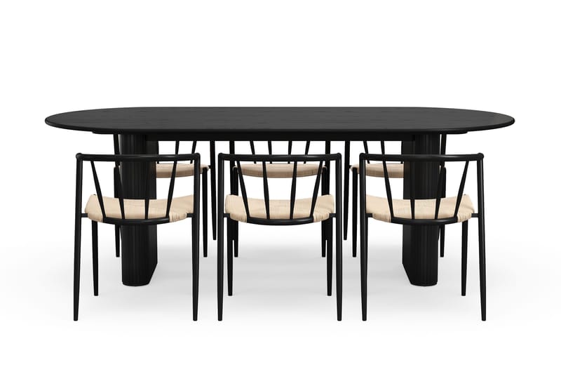Noira Ovalt Matbord 220 cm med 6 Winston Matstolar - Svart / Beige / Metallben Svart - Möbler - Bord & matgrupper - Matgrupper