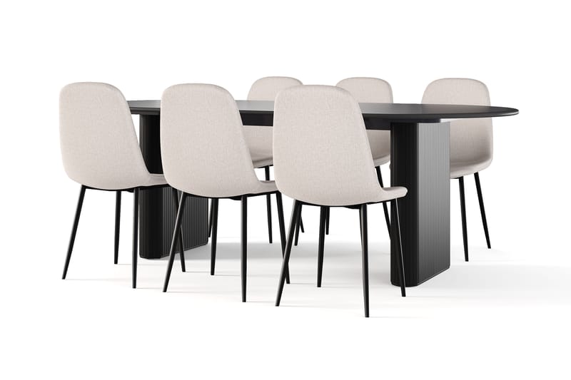 Noira Ovalt Matbord 220 cm Svart +  6 st Nibe stol beige med svarta ben, Svart/Beige
