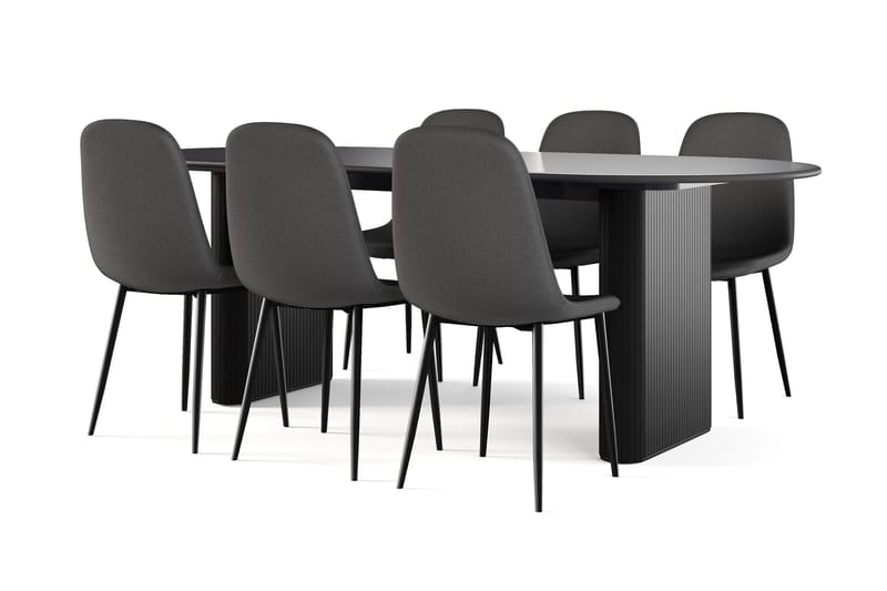 Noira Ovalt Matbord 220 cm Svart +  6 st Nibe stol svart med svarta ben, Svart