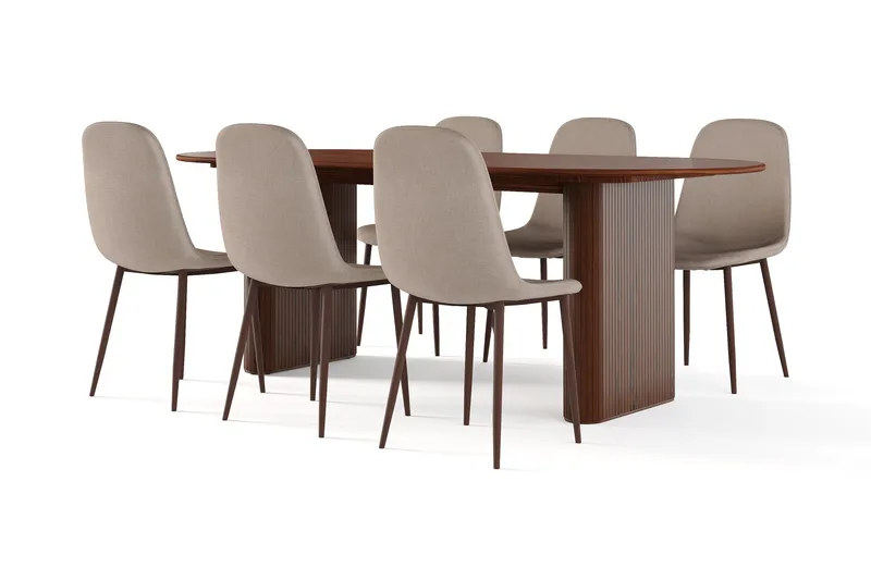 Noira Ovalt Matbord 220 cm Valnöt + 6 st Nibe stol brun med valnöt ben, Brun