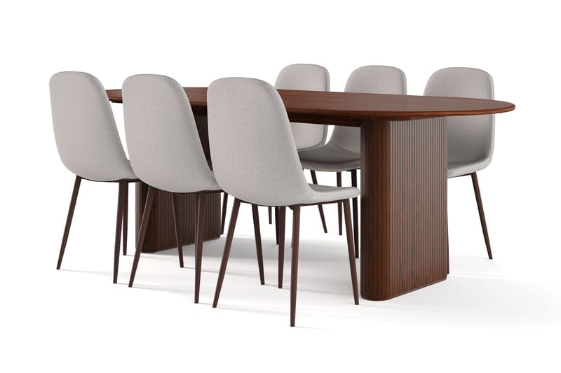 Noira Ovalt Matbord 220 cm Valnöt +  6 st Nibe stol grå med valnöt ben - Brun/Grå - Möbler - Bord & matgrupper - Matgrupper