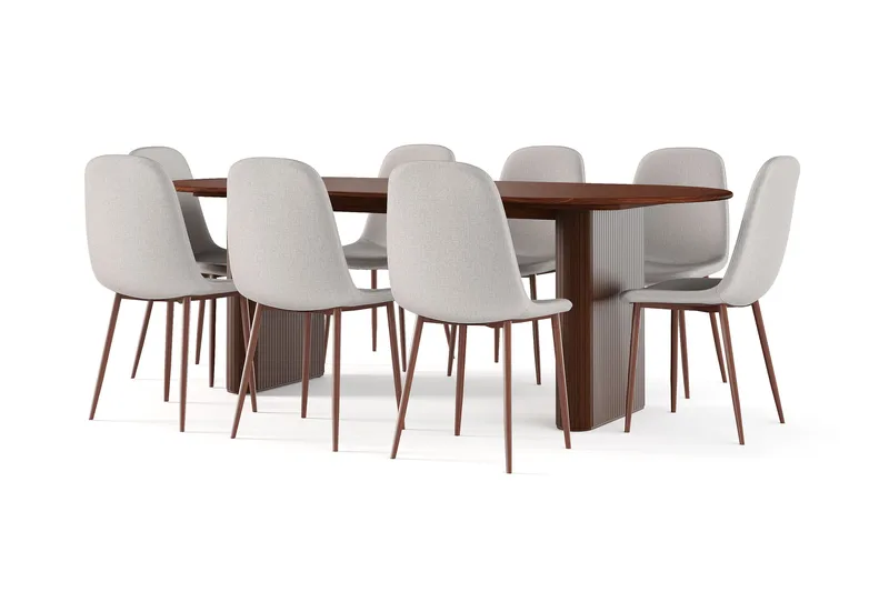 Noira Ovalt Matbord 220 cm Valnöt +  8 st Nibe stol beige med valnöt ben - Brun/Beige - Möbler - Bord & matgrupper - Matgrupper