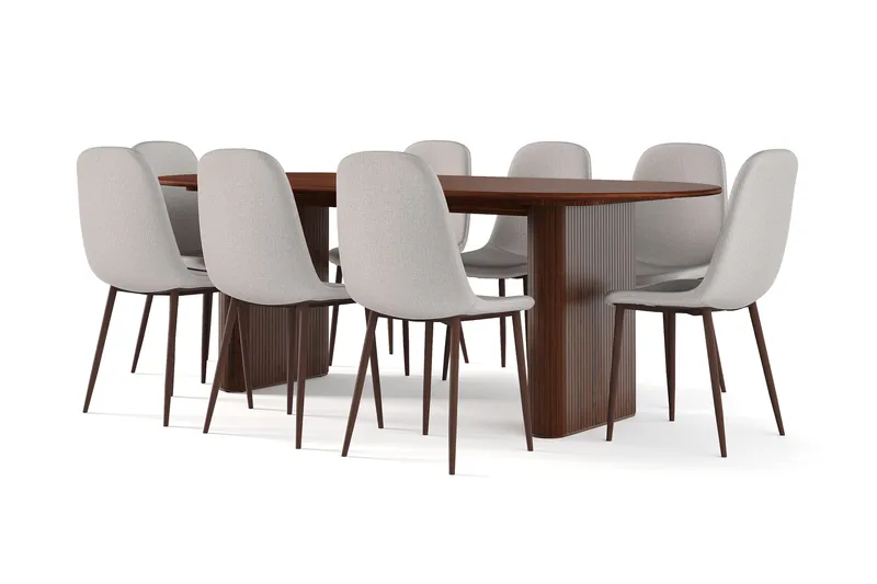 Noira Ovalt Matbord 220 cm Valnöt +  8 st Nibe stol grå med valnöt ben, Brun/Gr å