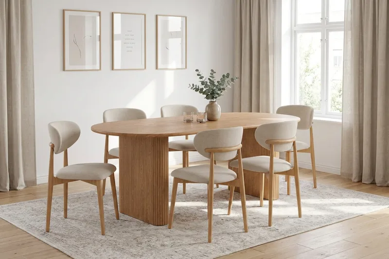 Noira Rektangulär Utdragbar Matgrupp 160-220 cm – Matbord med 6 Molly Matstolar i Trä med Ekutseende - Natur - Möbler - Bord & matgrupper - Matgrupper