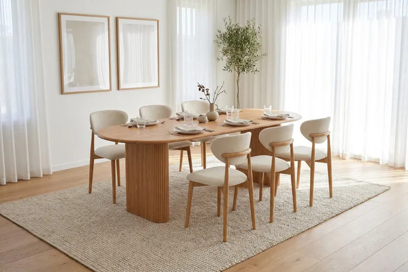 Noira Rektangulär Utdragbar Matgrupp 160-220 cm – Matbord med 6 Molly Matstolar i Trä med Ekutseende - Natur - Möbler - Bord & matgrupper - Matgrupper