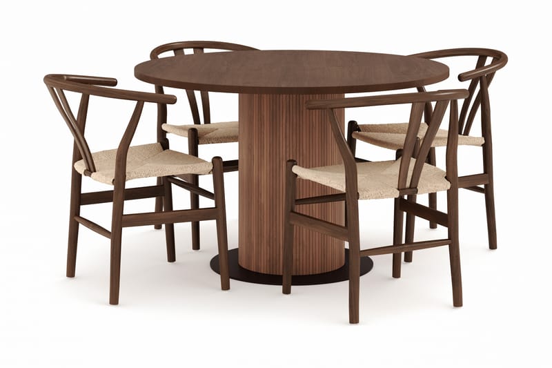 Noira Rund Matgrupp 120 cm Runt matbord med 4 Dastoori Matstolar, Brun / Beige / Valnöt