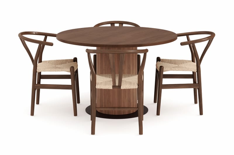 Noira Rund Matgrupp 120 cm Runt matbord med 4 Dastoori Matstolar - Brun / Beige / Valnöt - Möbler - Bord & matgrupper - Matgrupper
