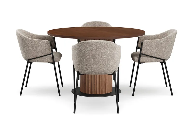 Noira Runt Litet Matbord Massiv Valnöt 120 cm med 4 Filip Matstolar - Brun / Taupe Bouclé - Möbler - Bord & matgrupper - Matgrupper