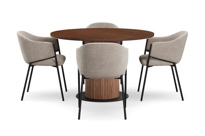 Noira Runt Litet Matbord Massiv Valnöt 120 cm med 4 Filip Matstolar - Brun / Taupe Bouclé - Möbler - Bord & matgrupper - Matgrupper