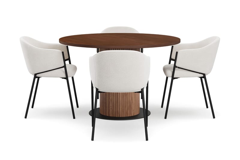 Noira Runt Litet Matbord Massiv Valnöt 120 cm med 4 Filip Matstolar - Brun / Vit Bouclé - Möbler - Bord & matgrupper - Matgrupper
