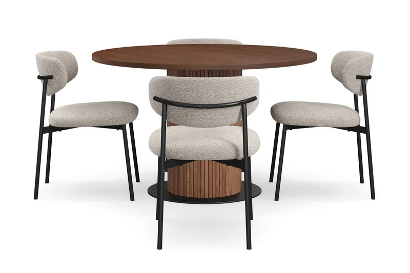 Noira Runt Litet Matbord Massiv Valnöt 120 cm med 4 Lucy Matstolar - Brun / Greige Bouclé / Metallben Svart - Möbler - Bord & matgrupper - Matgrupper