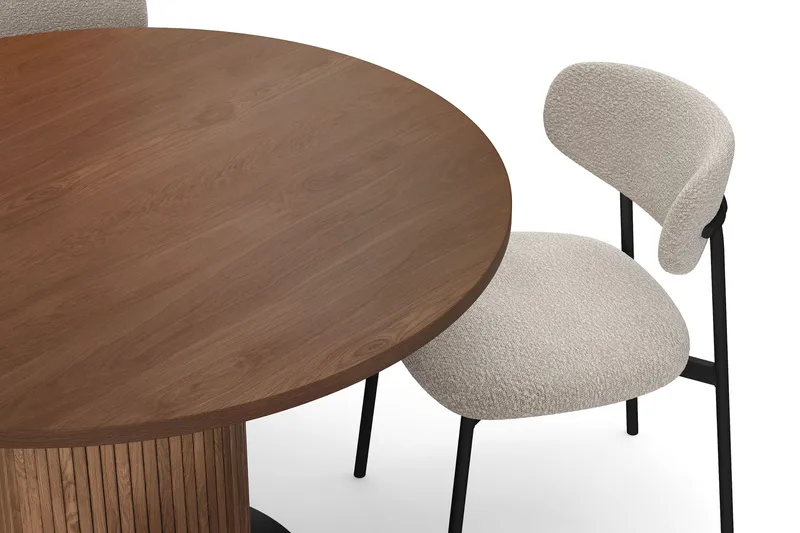 Noira Runt Litet Matbord Massiv Valnöt 120 cm med 4 Lucy Matstolar - Brun / Greige Bouclé / Metallben Svart - Möbler - Bord & matgrupper - Matgrupper
